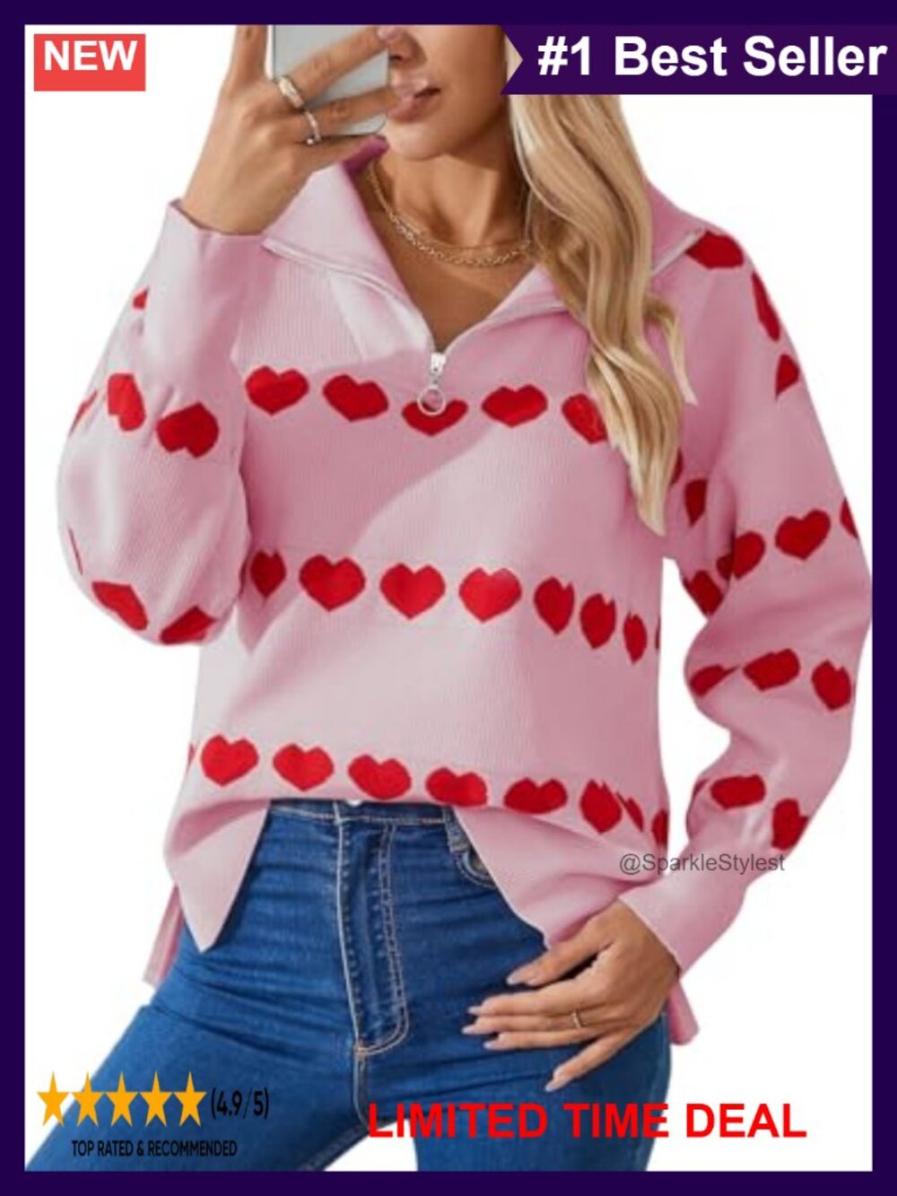 Women's Half Zip High Neck Heart Sweater Pullover Side Split Knit Top